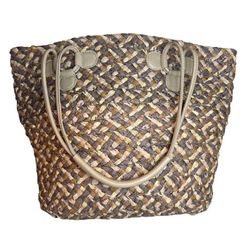 Helen Kaminski Straw Raffia Shoulder Bag Mocha Natural Leather Straps